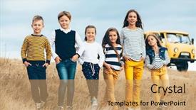  Presentation with fall colors - Colorful PPT layouts enhanced with group of fashion children wearing backdrop and a coral colored foreground