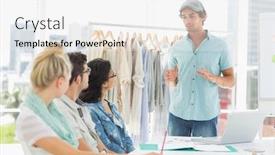 Presentation with designs - PPT theme featuring group of fashion designers discussing designs in a studio background and a white colored foreground