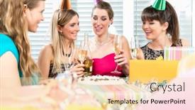  Presentation with my best friend - Slide set having group of female best friends drinking champagne in front of the birthday cake while celebrating together with joy and positive thinking at home background and a blonde colored foreground