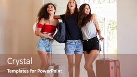  Presentation with summer - Presentation theme having group of female friends arriving at summer vacation rental background and a coral colored foreground