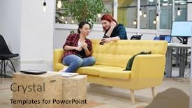  Presentation with group discussion - Colorful slide deck enhanced with group-of-female-friends-having backdrop and a coral colored foreground