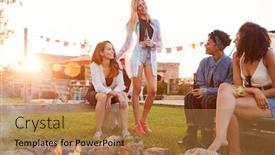  Presentation with music festival - Presentation design consisting of group of female friends at music festival sitting outside by fire and drinking beer background and a coral colored foreground