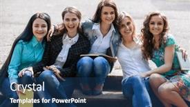  Presentation with books - PPT theme enhanced with group-of-female-students-sitting background and a ocean colored foreground