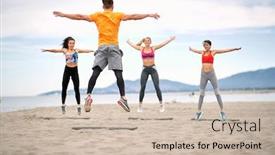  Presentation with group fitness - Colorful presentation theme enhanced with group-of-fitness-people-jumping backdrop and a soft green colored foreground