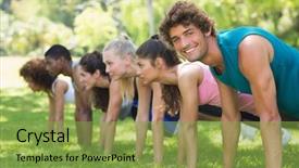  Presentation with group fitness - Presentation design featuring group of fitness people background and a seafoam green colored foreground