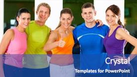  Presentation with elderly people and exercise - PPT theme featuring group of five people exercising background and a ocean colored foreground