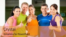  Presentation with elderly people and exercise - Colorful PPT theme enhanced with group of five people exercising backdrop and a gold colored foreground