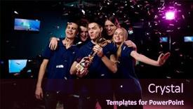  Presentation with confetti - Amazing PPT theme having group-of-five-teenagers-celebrating backdrop and a wine colored foreground