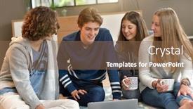  Presentation with fun - Audience pleasing PPT theme consisting of group-of-flatmates-having-fun backdrop and a coral colored foreground