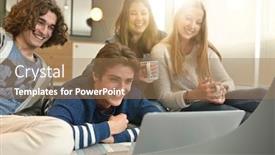  Presentation with fun - Amazing PPT theme having group-of-flatmates-having-fun backdrop and a coral colored foreground