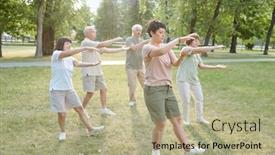  Presentation with qigong - Presentation theme having group-of-focused-senior-people background and a mint green colored foreground