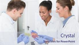  Presentation with food laboratory - Theme having group of food laboratory researchers background and a sky blue colored foreground