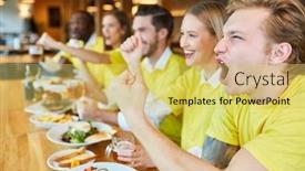  Presentation with team group - Audience pleasing slide set consisting of group-of-football-fans-cheers backdrop and a yellow colored foreground
