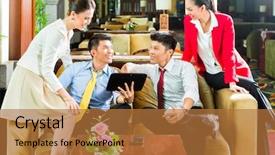  Presentation with hotel team - Presentation theme featuring group of four asian chinese businesspeople meeting for small team discussion in luxurious hotel lobby there are documents on a tablet computer background and a red colored foreground