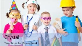  Presentation with children - Colorful presentation theme enhanced with group of four children dressing backdrop and a light blue colored foreground