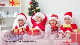  Presentation with christmas presents - Presentation theme featuring group of four children in christmas hat with presents background and a coral colored foreground