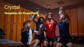  Presentation with team group - Presentation enhanced with group-of-four-men-team background and a tawny brown colored foreground