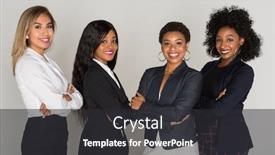  Presentation with working together - Theme with group-of-four-minority-businesswomen background and a dark gray colored foreground
