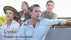  Presentation with jeep - Colorful presentation enhanced with group of four tourists on safari sitting in jeep backdrop and a light blue colored foreground