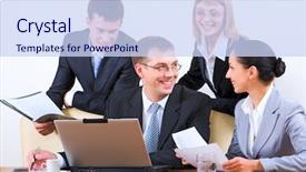  Presentation with questions - Presentation design enhanced with group of four young businesspeople discussing different questions holding documents gathered together around the table with the laptop drinks and papers on it background and a sky blue colored foreground