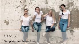  Presentation with wall street - Cool new slide set with group of four young diverse girls wearing blank white tshirt and jeans posing against rough street wall fashion urban clothing style mockup for t-shirt print store backdrop and a soft green colored foreground