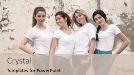  Presentation with rough - Presentation theme with group of four young diverse girls wearing blank white tshirt and jeans posing against rough street wall fashion urban clothing style mockup for t-shirt print store background and a soft green colored foreground