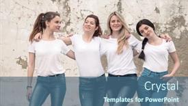  Presentation with tshirt - Colorful presentation enhanced with group of four young diverse girls wearing blank white tshirt and jeans posing against rough street wall fashion urban clothing style mockup for t-shirt print store backdrop and a ocean colored foreground