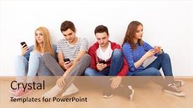  Presentation with smartphones - Slide deck having group of four young people busy with their smartphones background and a coral colored foreground