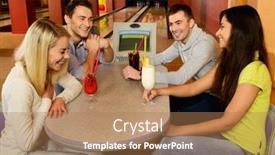  Presentation with bowling - Slide deck featuring group of four young smiling people chatting behind table in bowling club background and a coral colored foreground