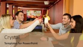  Presentation with bowling - Beautiful PPT layouts featuring group of four young smiling people chatting behind table in bowling club backdrop and a coral colored foreground