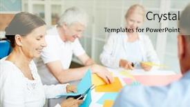  Presentation with paper cutting - Amazing PPT theme having group of friendly seniors cutting backdrop and a light gray colored foreground