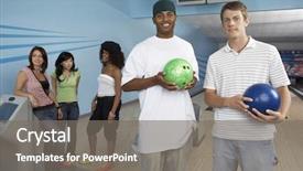  Presentation with bowling - Presentation theme featuring group of friends at bowling alley some holding balls portrait background and a gray colored foreground