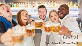  Presentation with pub - Presentation theme consisting of group-of-friends-celebrates-hilariously background and a coral colored foreground