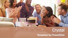  Presentation with birthday - Beautiful slide deck featuring group of friends celebrating birthday backdrop and a coral colored foreground