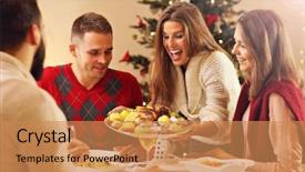  Presentation with friends - Presentation having group of friends celebrating christmas background and a coral colored foreground