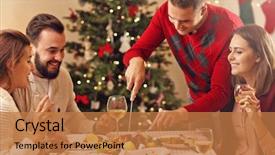  Presentation with friends - Presentation theme with group of friends celebrating christmas background and a coral colored foreground