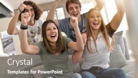  Presentation with friends - PPT theme consisting of group-of-friends-cheering-up background and a gray colored foreground