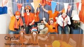  Presentation with team group - PPT theme consisting of group of friends cheers when their team scores with an oblivious man reading the paper sitting amongst them background and a red colored foreground