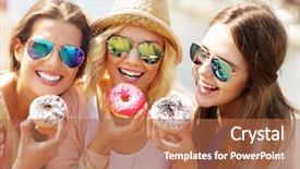  Presentation with donuts - Cool new slide deck with group of friends eating donuts backdrop and a red colored foreground