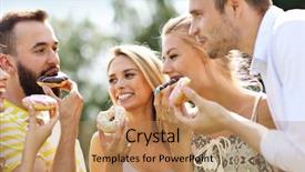  Presentation with donuts - Cool new slide deck with group of friends eating donuts backdrop and a coral colored foreground
