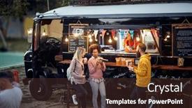  Presentation with food truck - Slides enhanced with group-of-friends-eating-drinking background and a tawny brown colored foreground