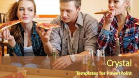  Presentation with pizza - PPT theme featuring group of friends eating pizza background and a  colored foreground
