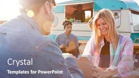  Presentation with outdoor festival - Presentation design featuring group of friends eating takeaway food from truck at outdoor music festival background and a gray colored foreground