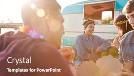  Presentation with outdoor festival - Presentation theme consisting of group of friends eating takeaway food from truck at outdoor music festival background and a tawny brown colored foreground