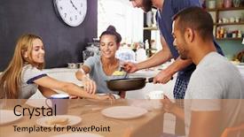  Presentation with breakfast - Slide deck having group of friends enjoying breakfast background and a coral colored foreground