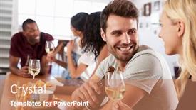  Presentation with dinner party - Slide deck consisting of group of friends enjoying dinner party at home together background and a coral colored foreground