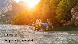  Presentation with kayaking - PPT theme featuring group-of-friends-enjoying-fun background and a coral colored foreground