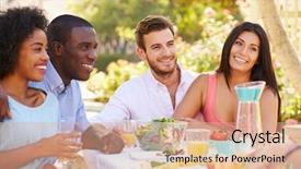 Presentation with outdoor party - Slides having group of friends enjoying meal background and a coral colored foreground