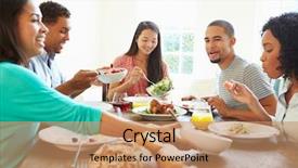  Presentation with multi racial - PPT layouts with group of friends enjoying meal background and a  colored foreground