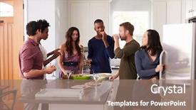  Presentation with dinner - Colorful PPT layouts enhanced with group of friends enjoying pre dinner drinks at home backdrop and a coral colored foreground